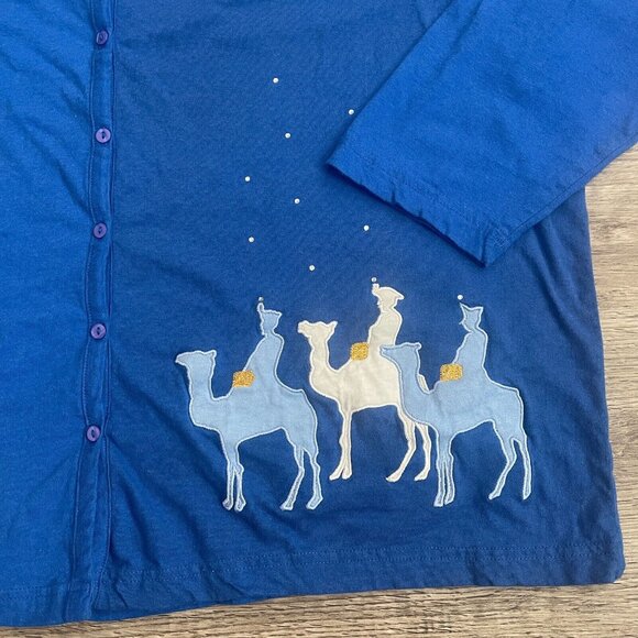 VTG 90s Collections Etc Blue Christmas Baby Jesus Manger Wisemen Cardigan Sz 2XL - Picture 2 of 7